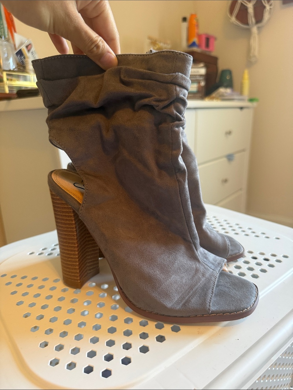 Windsor Light Purple Dusty Plum Slouchy Peep-Toe Block Heel Booties Suede